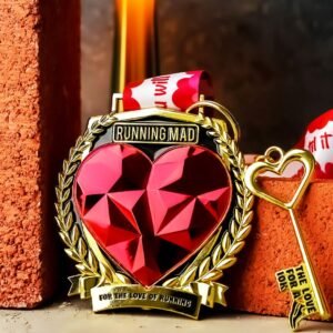For the Love of Running heart medal and key